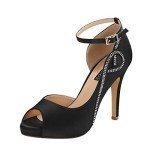 ERIJUNOR E8816 Women Peep Toe Side Open Rhinestones Comfortable Platform Satin Bridal Wedding Party Shoes New Black Size 8