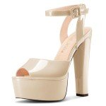 NobleOnly Womens High Block Platform Heel Peep Toe Ankle Strap Sandals Buckle Prom Dress Shoes 5.9 Inches Heels Beige 12.5 M US