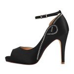 ERIJUNOR E8816 Women Peep Toe Side Open Rhinestones Comfortable Platform Satin Bridal Wedding Party Shoes New Black Size 8