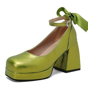Alyaafifa Platform Pumps for Women Bow Knot Chunky High Heel Closed Square Toe Ankle Strap Dress Shoes with Buckle Sexy Comfortable Wedding Party Event Prom Date Club, Green, 9.5