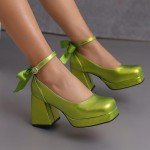 Alyaafifa Platform Pumps for Women Bow Knot Chunky High Heel Closed Square Toe Ankle Strap Dress Shoes with Buckle Sexy Comfortable Wedding Party Event Prom Date Club, Green, 9.5