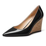 Mettesally Women's Wedge High Heel Pumps Pointed Closed Toe Cork Heels Slip On Party Prom Shoes Black US10R
