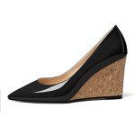 Mettesally Women's Wedge High Heel Pumps Pointed Closed Toe Cork Heels Slip On Party Prom Shoes Black US10R