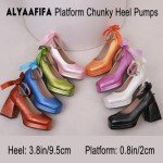 Alyaafifa Platform Pumps for Women Bow Knot Chunky High Heel Closed Square Toe Ankle Strap Dress Shoes with Buckle Sexy Comfortable Wedding Party Event Prom Date Club, Green, 9.5