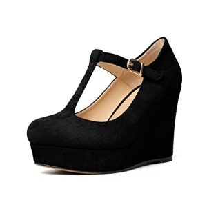 Soireelady Women's Platform Wedge Pumps Closed Toe T-Strap Heels Buckle Closure Wedges Round Toe Comfortable Office Dress Shoes 10CM Black US 12.5R