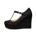 Soireelady Women's Platform Wedge Pumps Closed Toe T-Strap Heels Buckle Closure Wedges Round Toe Comfortable Office Dress Shoes 10CM Black US 12.5R