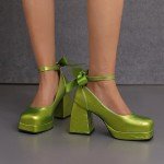 Alyaafifa Platform Pumps for Women Bow Knot Chunky High Heel Closed Square Toe Ankle Strap Dress Shoes with Buckle Sexy Comfortable Wedding Party Event Prom Date Club, Green, 9.5