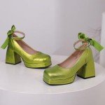 Alyaafifa Platform Pumps for Women Bow Knot Chunky High Heel Closed Square Toe Ankle Strap Dress Shoes with Buckle Sexy Comfortable Wedding Party Event Prom Date Club, Green, 9.5