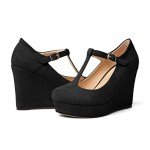Soireelady Women's Platform Wedge Pumps Closed Toe T-Strap Heels Buckle Closure Wedges Round Toe Comfortable Office Dress Shoes 10CM Black US 12.5R