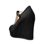 Soireelady Women's Platform Wedge Pumps Closed Toe T-Strap Heels Buckle Closure Wedges Round Toe Comfortable Office Dress Shoes 10CM Black US 12.5R