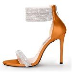100FIXEO Sexy Rhinestone High Heeled Sandals Elegant Open Toe ankle strap Stiletto Heel Wedding Dress Shoes(Orange, 10)