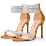 100FIXEO Sexy Rhinestone High Heeled Sandals Elegant Open Toe ankle strap Stiletto Heel Wedding Dress Shoes(Orange, 10)