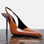 VOLEECE Women's Slingback Stiletto Heels Stretch Strap Slip On Pumps Shoes Pointed Toe Backless Patent Leather Dress High Heels Brown
