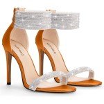 100FIXEO Sexy Rhinestone High Heeled Sandals Elegant Open Toe ankle strap Stiletto Heel Wedding Dress Shoes(Orange, 10)