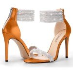 100FIXEO Sexy Rhinestone High Heeled Sandals Elegant Open Toe ankle strap Stiletto Heel Wedding Dress Shoes(Orange, 10)