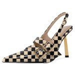 Mettesally Women Slingback Heels Pumps Shoes High Heels Stilettos Square Toe for Women Dressy Shoes 4 Inches Checkered Beige Heels US9R