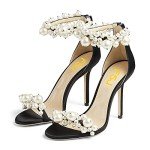 FSJ Women Fashion Dressy High Heel Stiletto Open Toe Pumps Sandals Full Pearls Ankle Strap Zipper Party Wedding Bride Shoes Size 8.5 Black