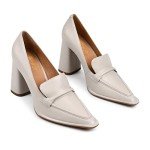 FOWT Womens Solid Color Rolled Single Belt Loafers Pointed Toe High Chunky Heel Pumps Casual Slip On Side V Cut Shoes Dress Party Career School 9.5 US Size Grey