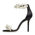 FSJ Women Fashion Dressy High Heel Stiletto Open Toe Pumps Sandals Full Pearls Ankle Strap Zipper Party Wedding Bride Shoes Size 8.5 Black