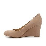 FOWT Women's Classic Wedge Pumps Basic Closed Almond Toe Thick High Heels Slip On Comfy Faux Suede Upper Shoes Casual Dress Comfort Soft Walking Shoe Nude US Size 7 M