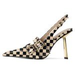 Mettesally Women Slingback Heels Pumps Shoes High Heels Stilettos Square Toe for Women Dressy Shoes 4 Inches Checkered Beige Heels US9R