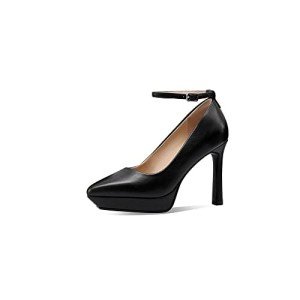TinaCus Women's Sexy Pointed Toe Genuine Leather Handmade Ankle Strap High Heel Platform Dress Pumps Shoes(Black Heel 4.92", US4.5)