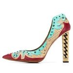 FSJ Women Gold Metal Chain Chunky High Heel Pointed Toe Slip On Fashion Pumps Prom Shoes Size 7 Cleopatra