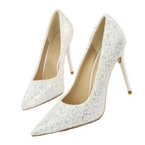 ROMANCE VICTORY Women's Shiny Sequins Pointed Toe Stiletto High Heels Pumps Wedding Party Prom Shoes, White1, 7.5