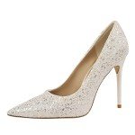 ROMANCE VICTORY Women's Shiny Sequins Pointed Toe Stiletto High Heels Pumps Wedding Party Prom Shoes, White1, 7.5