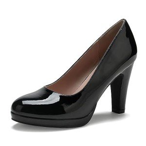 miss left Women's Low Platform High Chunky Heel Slip On Closed Round Toe Pump Elegant Work Dressy Shoes Size 12 Black