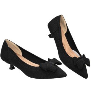 AHZEHRSE Kitten Heels for Women Dressy Pumps Shoes Comfortable Pointed Toe Knit Bow Heels Elegant Formal Wedding Shoes Black
