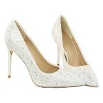 ROMANCE VICTORY Women's Shiny Sequins Pointed Toe Stiletto High Heels Pumps Wedding Party Prom Shoes, White1, 7.5