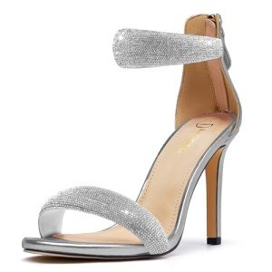 driceic Women's Silver Pump Open Toe Heel Sandals Dressy Heels Ankle Strap Strappy Rhinestone Sparkle Glitter Heels for Women Puff Metallic Wedding Shoes 5