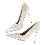 ROMANCE VICTORY Women's Shiny Sequins Pointed Toe Stiletto High Heels Pumps Wedding Party Prom Shoes, White1, 7.5