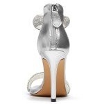 driceic Women's Silver Pump Open Toe Heel Sandals Dressy Heels Ankle Strap Strappy Rhinestone Sparkle Glitter Heels for Women Puff Metallic Wedding Shoes 5