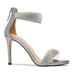 driceic Women's Silver Pump Open Toe Heel Sandals Dressy Heels Ankle Strap Strappy Rhinestone Sparkle Glitter Heels for Women Puff Metallic Wedding Shoes 5