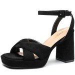 KHPAERMEI Black Chunky Heels for Women Comfortable Platform Heels Sandals 3.54 Inches Square Toe Strappy Heels for Women Dressy Pumps Dress Shoes Bridal Wedding Party Size 6.5