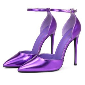 Elisabet Tang High Heels, Women Pumps D'Orsay Ankle Strap Pointed Toe Stiletto Heels Party Wedding Shoes Purple Metal Size 8.5