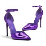 Elisabet Tang High Heels, Women Pumps D'Orsay Ankle Strap Pointed Toe Stiletto Heels Party Wedding Shoes Purple Metal Size 8.5