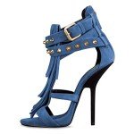 FSJ Women Tassels Gladiator Heeled Sandals Open Toe Stiletto High Heel Fringed Rivets Ankle Strap Zipper Pumps Shoes Size 12 Blue