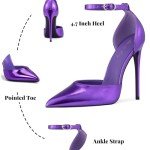 Elisabet Tang High Heels, Women Pumps D'Orsay Ankle Strap Pointed Toe Stiletto Heels Party Wedding Shoes Purple Metal Size 8.5