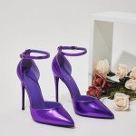 Elisabet Tang High Heels, Women Pumps D'Orsay Ankle Strap Pointed Toe Stiletto Heels Party Wedding Shoes Purple Metal Size 8.5