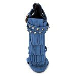 FSJ Women Tassels Gladiator Heeled Sandals Open Toe Stiletto High Heel Fringed Rivets Ankle Strap Zipper Pumps Shoes Size 12 Blue