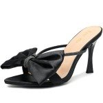 Jiu du Bow Heels for Women Rhinestone Heels Sandals Pointed Toe Slip On Mules Heels Wedding Party Prom Pumps Shoes