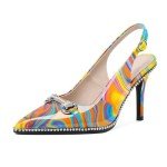 Eldof Women Slingback Pumps Closed Pointed Toe Beaded Rhinestone Slip On Stilettos Heel Dress Pumps Shoes 3.5 Inches Multicolor Heat US Size 11