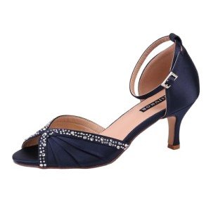 ERIJUNOR E8805C Women Comfort Low Heel Ankle Strap Rhinestones Pleat Satin Wedding Evening Dress Dance Shoes Navy Blue Size 8