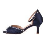 ERIJUNOR E8805C Women Comfort Low Heel Ankle Strap Rhinestones Pleat Satin Wedding Evening Dress Dance Shoes Navy Blue Size 8