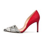 Mettesally Women's Stiletto High Heels Closed Pointed Toe D'Orsay Pumps Snakeskin Dress Shoes Party Wedding Basic Shoes Suede Red US Size 7.5R