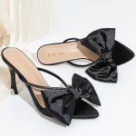 Jiu du Bow Heels for Women Rhinestone Heels Sandals Pointed Toe Slip On Mules Heels Wedding Party Prom Pumps Shoes
