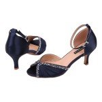 ERIJUNOR E8805C Women Comfort Low Heel Ankle Strap Rhinestones Pleat Satin Wedding Evening Dress Dance Shoes Navy Blue Size 8